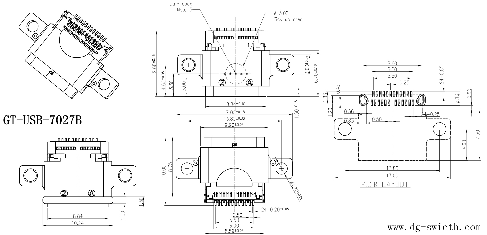 SMD 带耳IPX6 TYPE C 24PIN母座尺寸图