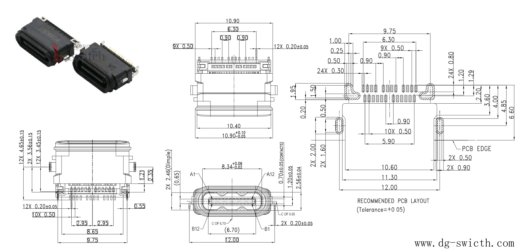 SMD 沉板 TYPE C 防水IPX7 24PIN母座