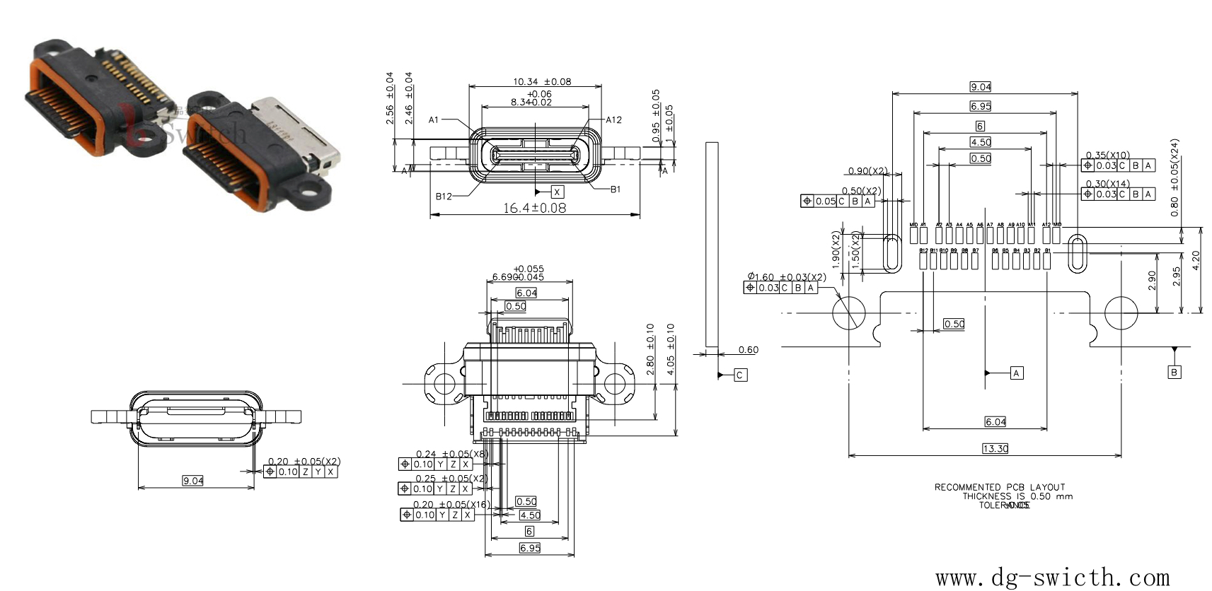 沉板IPX7防水24PIN 带固定 TYPE C母座